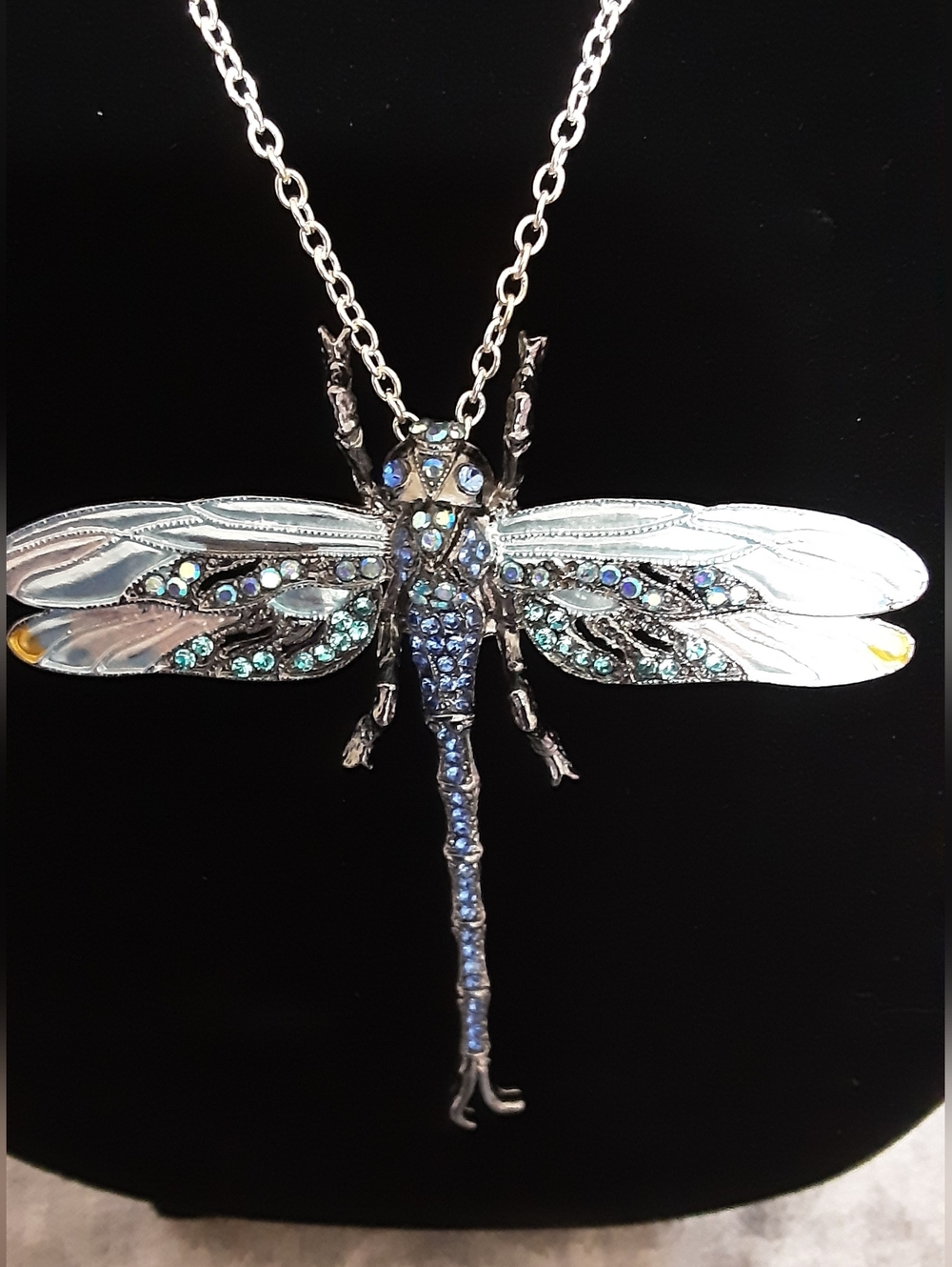 Handmade Enamel And Rhinestone Dragonfly Necklace Blues Green N.W.T.